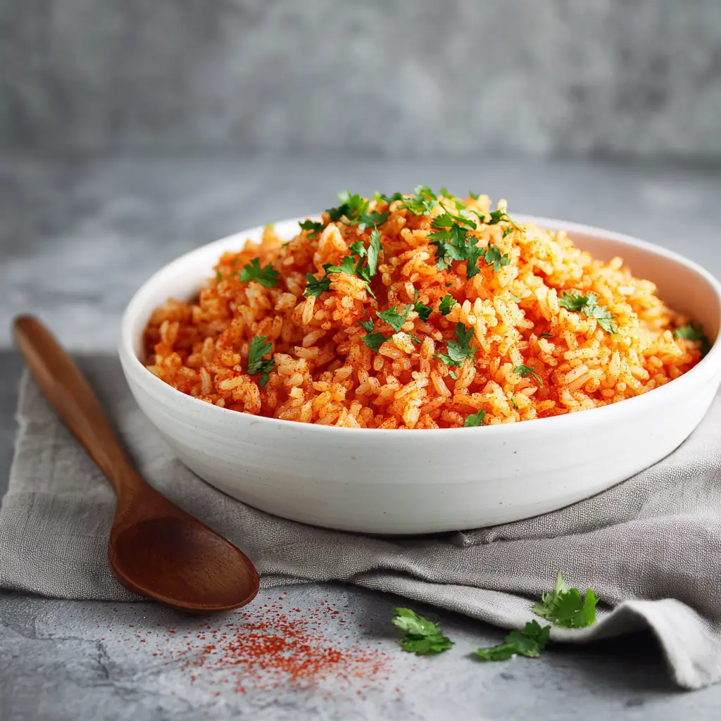 A serving of restaurant-style Spanish rice on a plate, ready to be enjoyed as a savory side dish.