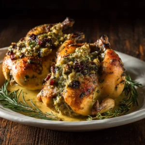 Two whole roasted Cornish hens on a rustic platter, garnished with rosemary sprigs. The skin is golden brown and crispy.