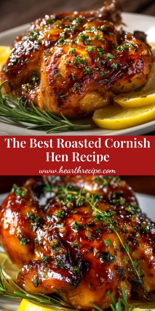A perfectly golden-brown Roasted Cornish Hen on a platter, garnished with fresh herbs, ready to be served. The ultimate recipe for a special dinner.