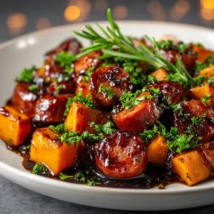 A close-up shot of the honey garlic sausage and sweet potatoes in a serving bowl, highlighting the glistening sauce and texture of the roasted vegetables.