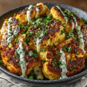 A beautiful serving bowl filled with roasted Moroccan cauliflower, showcasing the vibrant spices and fresh cilantro garnish.