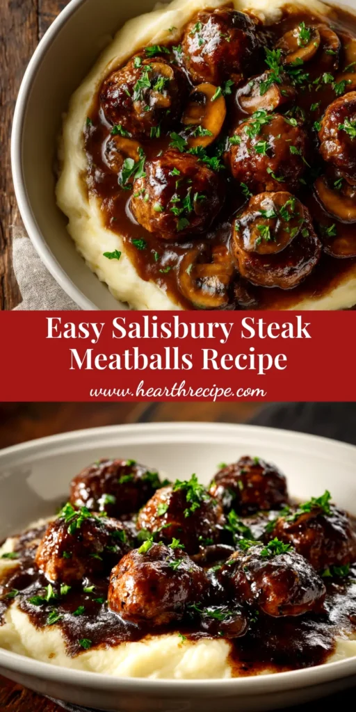 A top-down view of Salisbury Steak Meatballs in a rich mushroom and onion gravy, served in a skillet and garnished with fresh parsley. The perfect easy comfort food dinner recipe.