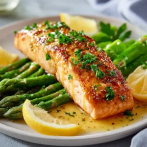 A close-up of a tender salmon foil packet, garnished with fresh herbs and a slice of lemon.