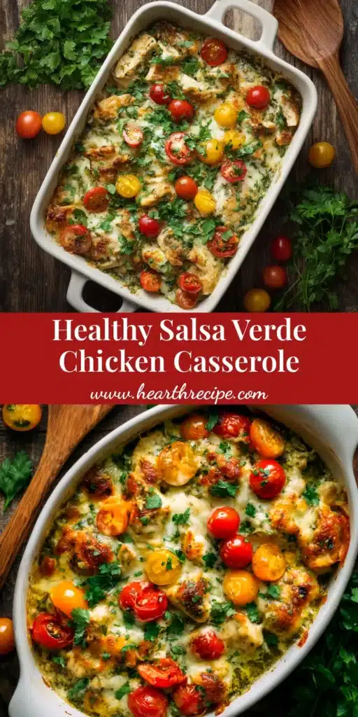 A delicious and creamy Salsa Verde Chicken Casserole in a white baking dish, topped with melted cheese and fresh cilantro.