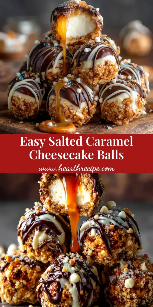 A close-up of several Salted Caramel Pretzel Cheesecake Balls on a white plate, with one cut in half to show the gooey caramel center.