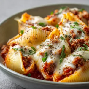 An extreme close-up of a single sausage stuffed shell, showing the savory sausage and ricotta filling inside the pasta.