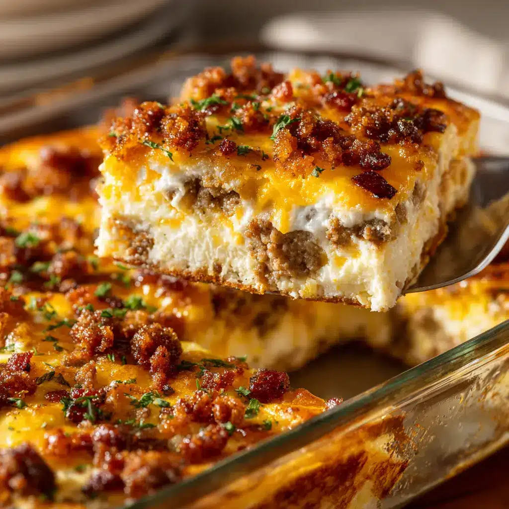 A slice of sausage breakfast casserole on a plate, ready to be eaten. The casserole has a golden-brown cheesy crust.