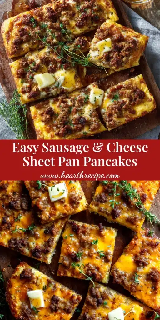 A delicious slice of Sausage Cheese Sheet Pan Pancakes on a white plate, drizzled with maple syrup. The perfect savory oven-baked pancake for an easy breakfast.