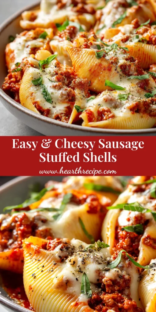 A delicious casserole of Sausage Stuffed Shells baked in a rich marinara sauce and topped with melted mozzarella cheese, ready to be served.