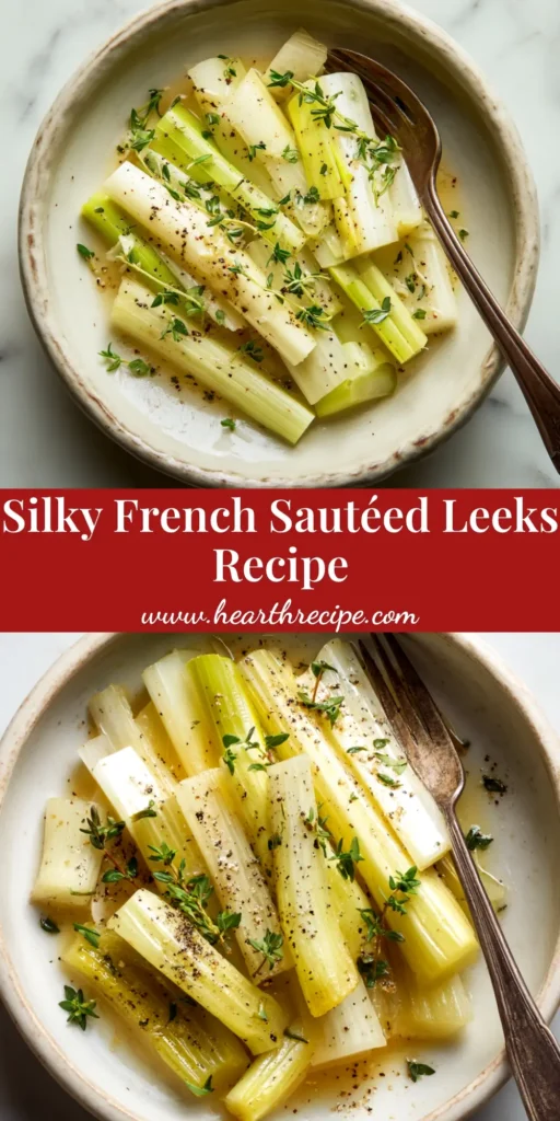 A close-up overhead shot of perfectly sautéed leeks in a rustic cast-iron skillet, garnished with fresh thyme. A simple and elegant side dish.