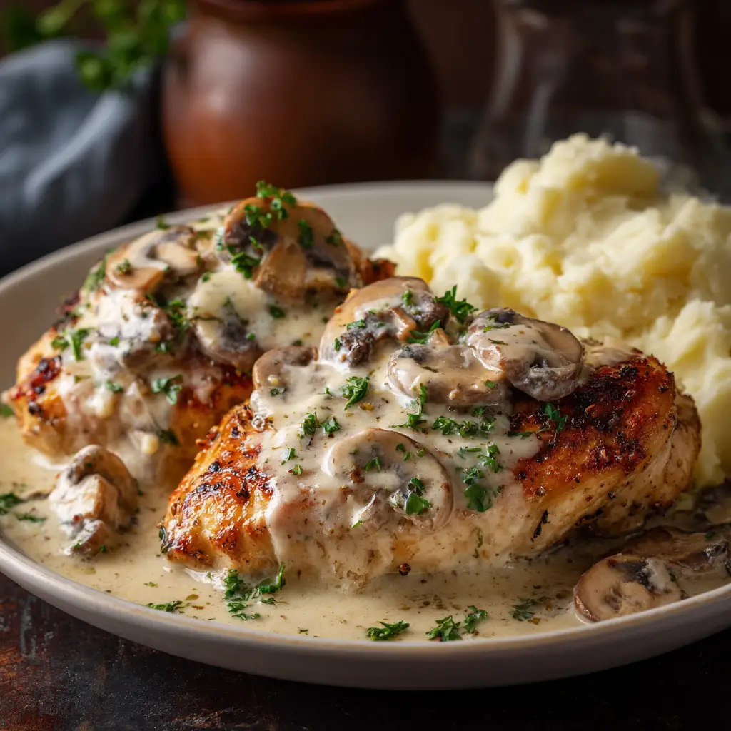 A close-up of sautéing mushrooms and onions in a pan, the base for the smothered chicken topping.