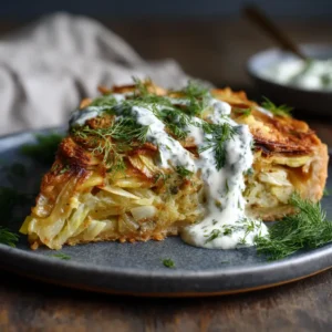 A generous slice of savory cabbage pie on a white plate, showcasing the flaky crust and the delicious, tender cabbage filling inside.