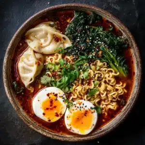 An overhead view of a savory ramen bowl with dumplings, showing the rich broth and noodles before toppings are added.