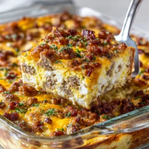 A close-up shot of a savory overnight egg bake, highlighting the fluffy texture of the eggs and the melted cheddar cheese.