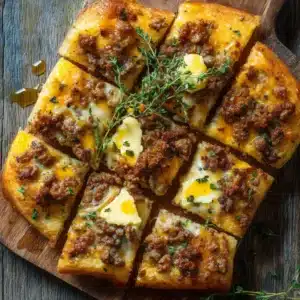 An overhead shot of the full Sausage Cheese Sheet Pan Pancakes cooling in the pan after baking. The savory pancake bake is golden-brown with melted cheddar.