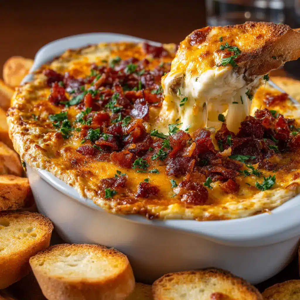 A cracker dipping into a baking dish full of hot and bubbly Hissy Fit Dip, garnished with fresh chives.