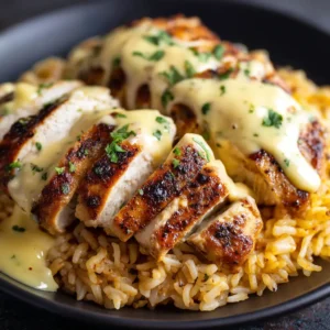 A close-up of sliced, seasoned chicken breast in a skillet before adding the creamy cheese sauce. The chicken is golden brown and perfectly cooked.