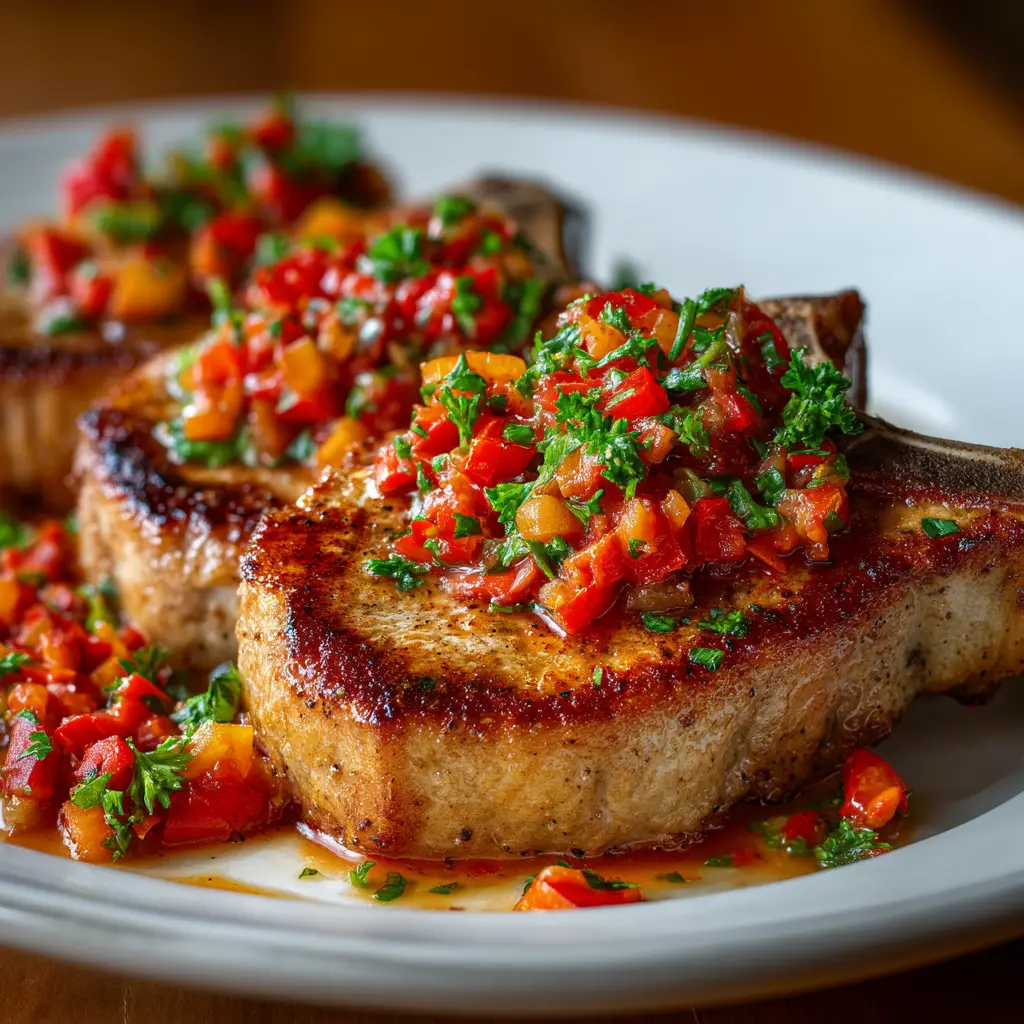 Sicilian Pork Chops: The Ultimate Recipe for Juicy, Flavorful Results 2 An extreme close-up of a perfectly seared Sicilian pork chop, showing its golden-brown crust and juicy interior, nestled with peppers and onions.