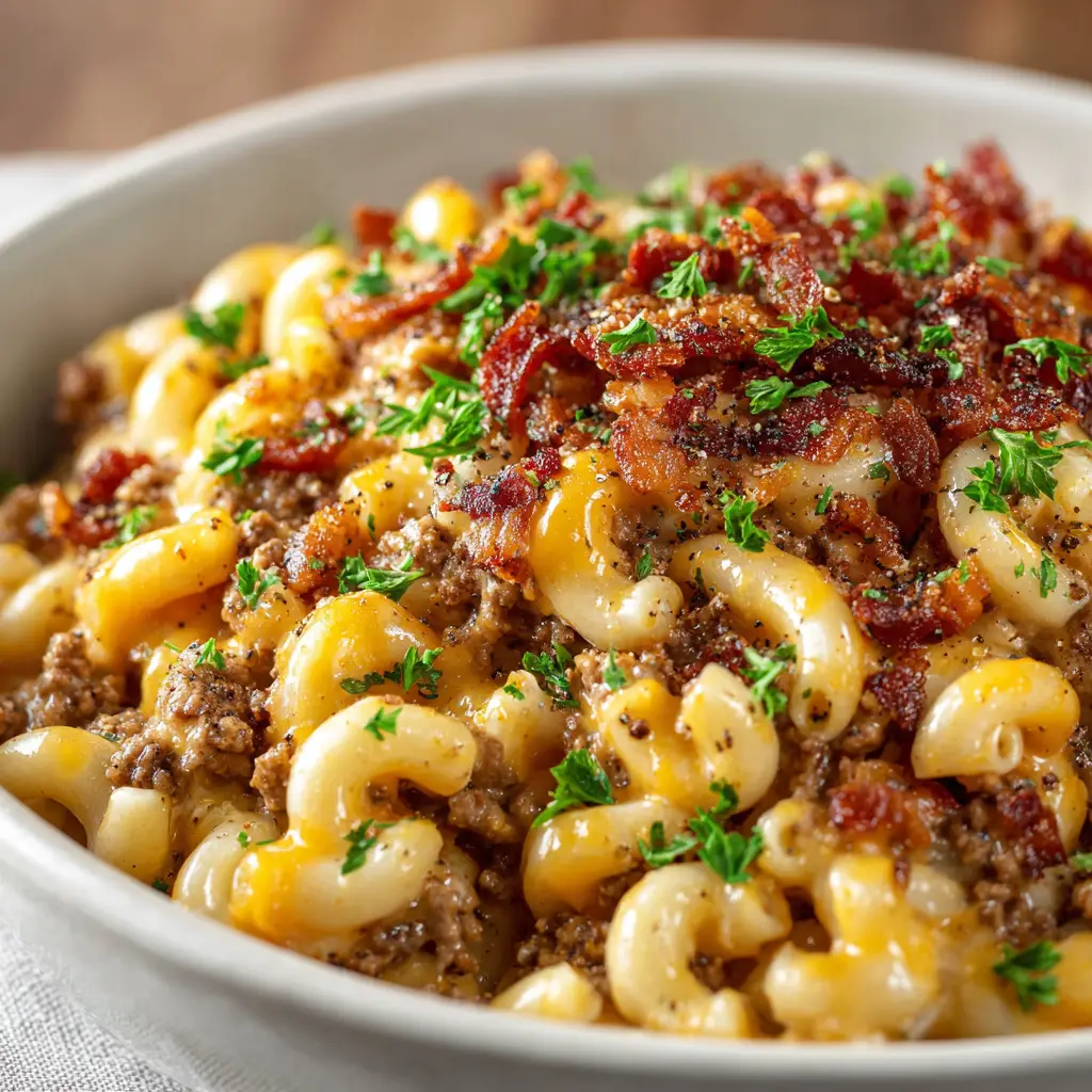 A spoonful of finished Bacon Cheeseburger Pasta, showing the tender ground beef, crispy bacon, and perfectly cooked pasta.