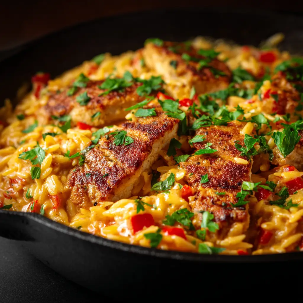 A spoonful of the finished Cajun chicken alfredo orzo being lifted from a skillet, showcasing the juicy chicken and saucy pasta.