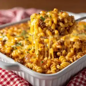 A scoop of ground beef casserole with pasta being lifted from a baking dish with a spatula, showing the cheesy interior.