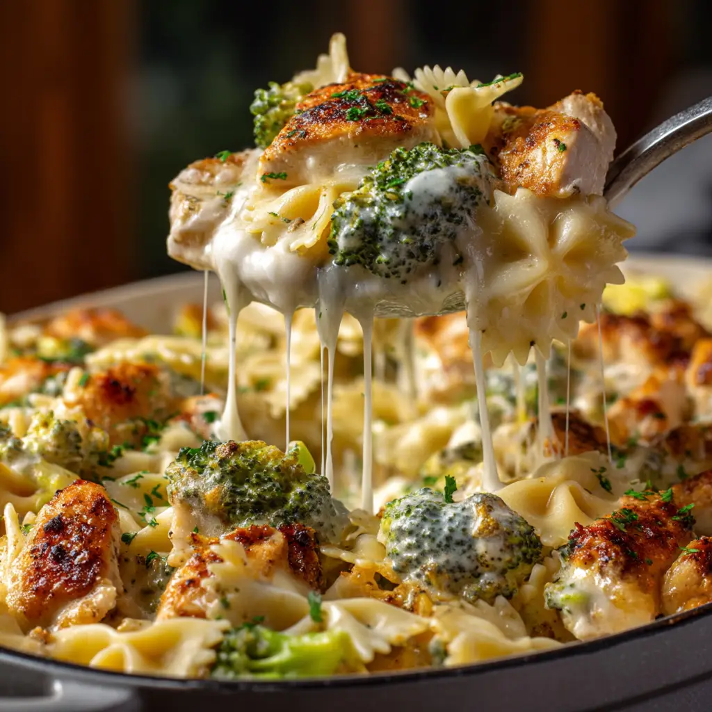 A spoonful of the Chicken and Broccoli Alfredo Bake being lifted from the casserole dish, with a cheese pull.