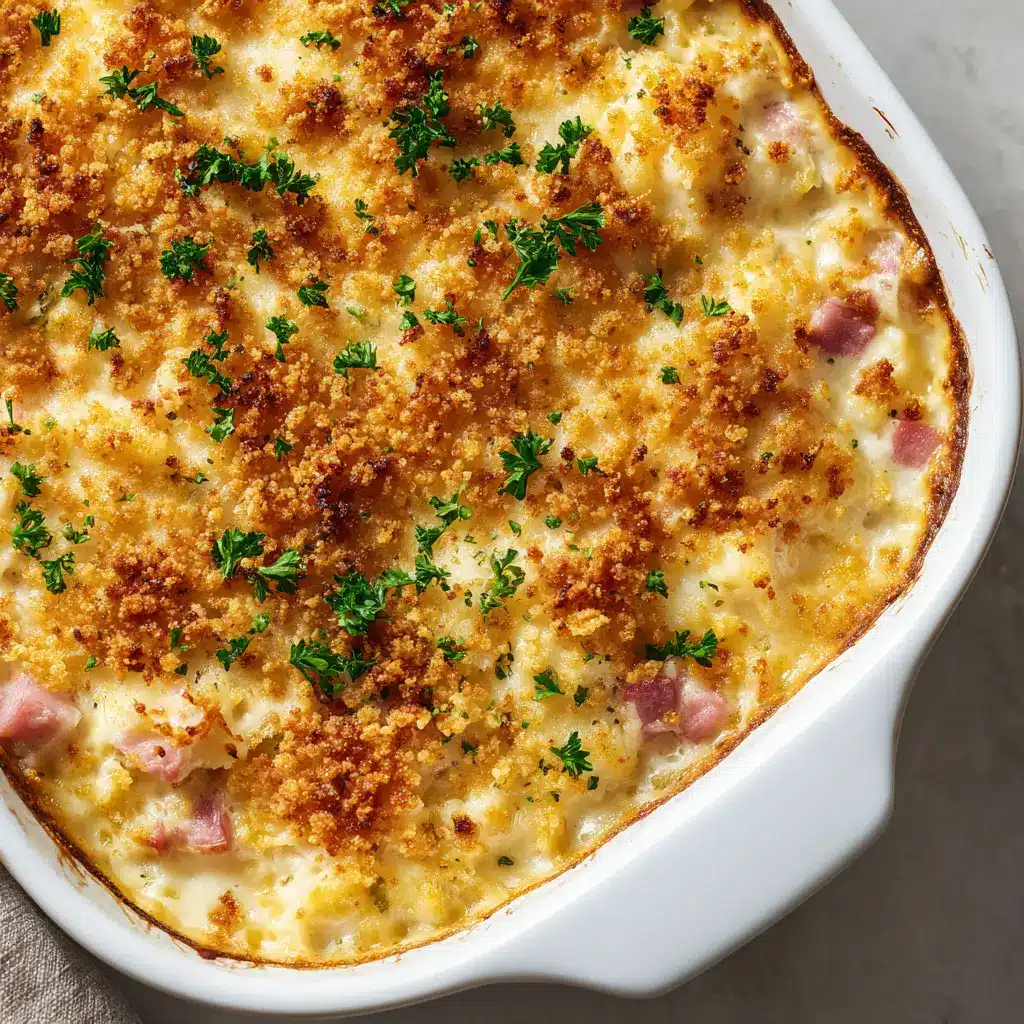 A scoop of the finished Chicken Cordon Bleu pasta bake on a plate, highlighting the creamy texture and melted Swiss cheese.