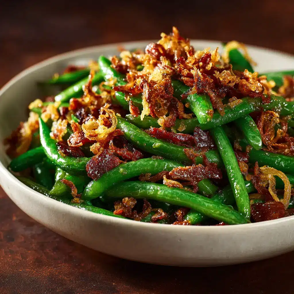 A serving of savory green beans with bacon on a plate, ready to be eaten as a holiday side dish.
