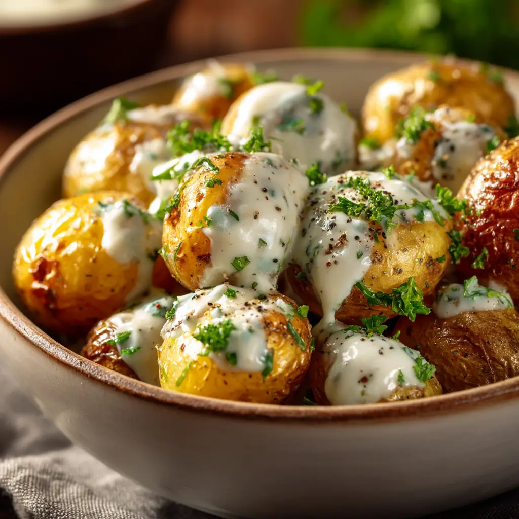 A spoonful of creamy garlic potatoes being lifted from a skillet, showing the tender potatoes and the rich sauce.