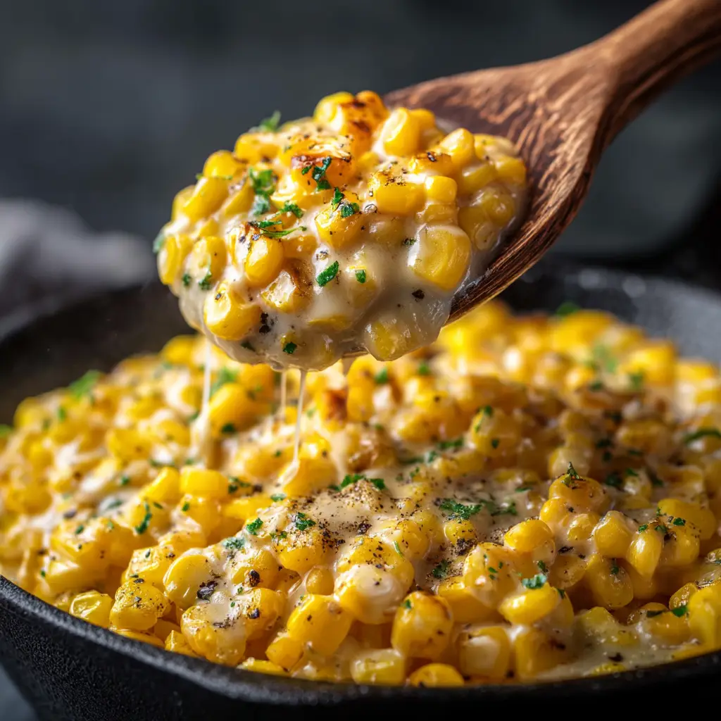 A spoonful of creamy skillet corn being lifted from a pan, showing the smooth and velvety sauce.