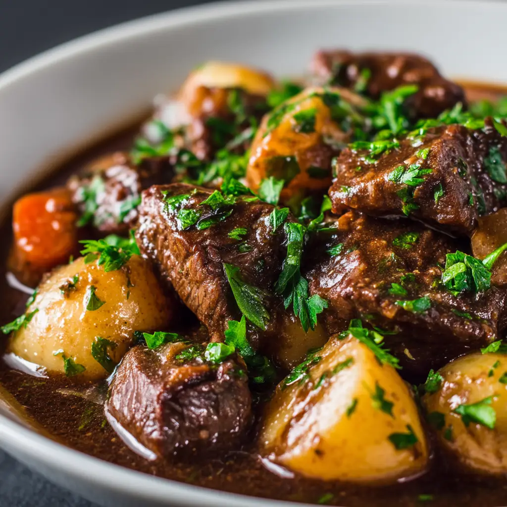 A spoonful of crockpot beef stew being lifted from a bowl, featuring tender beef, carrots, and potatoes coated in a savory gravy.