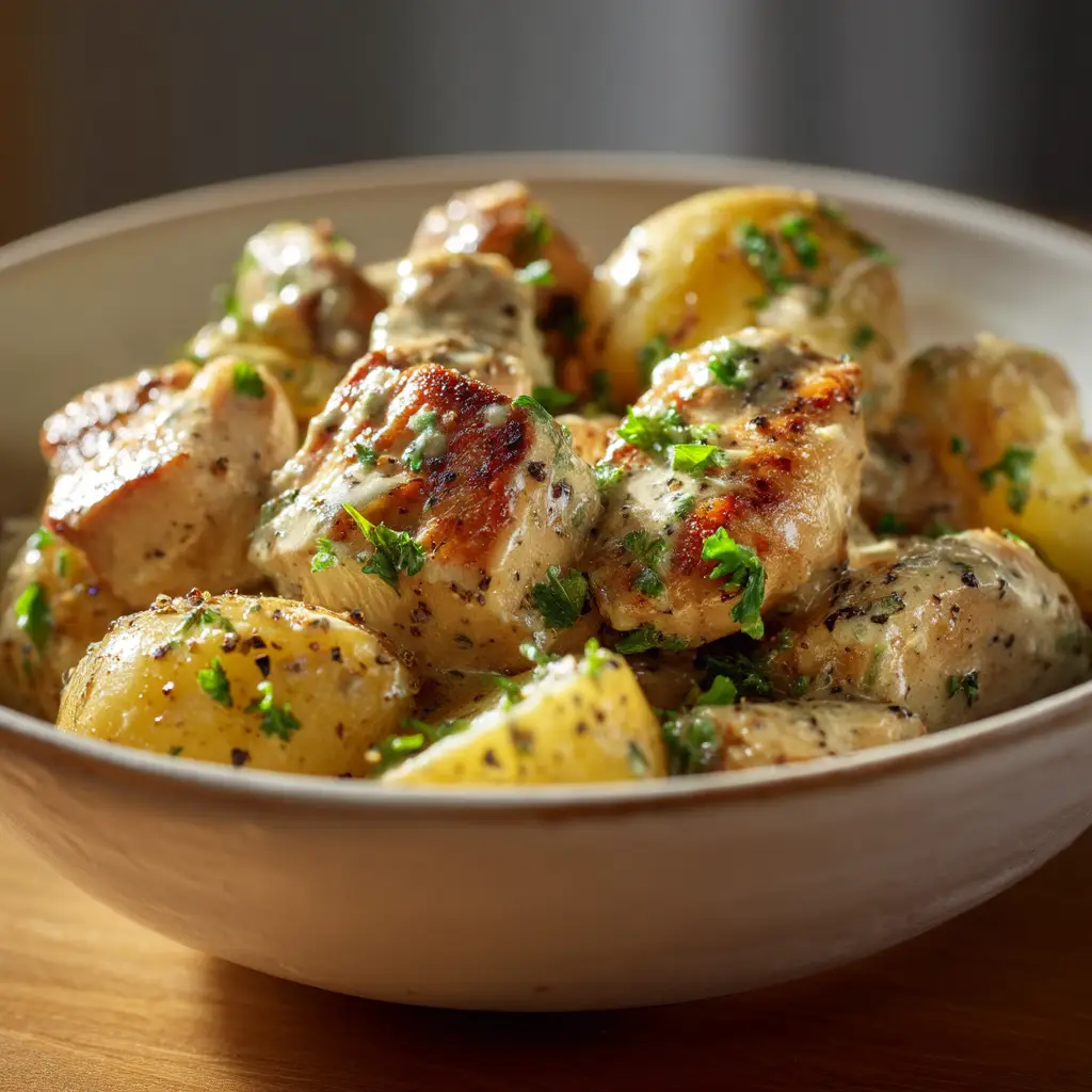 Another angle of the Crockpot Chicken and Potatoes, showing a forkful of juicy chicken and a perfectly cooked potato, ready to be eaten.