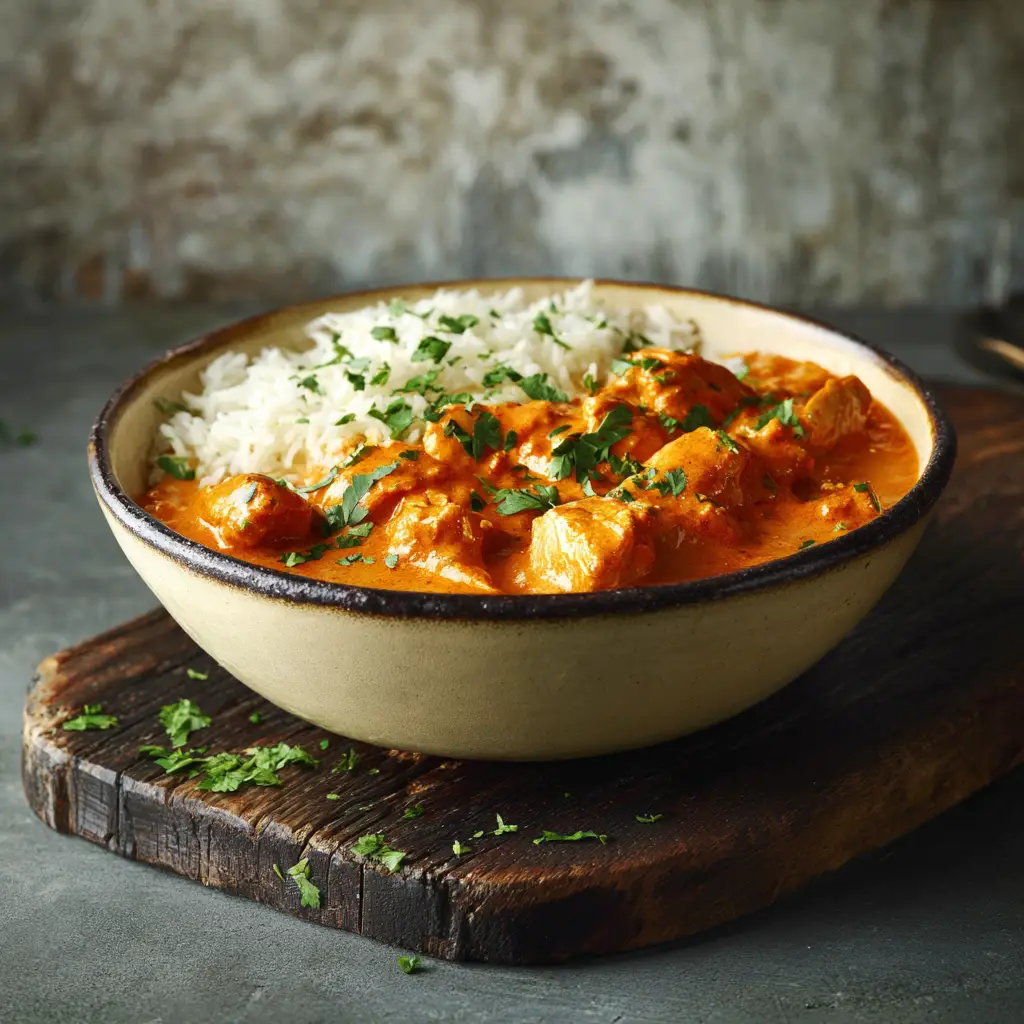 A bowl of homemade butter chicken served with a side of fluffy basmati rice and warm naan bread, ready for a delicious dinner.