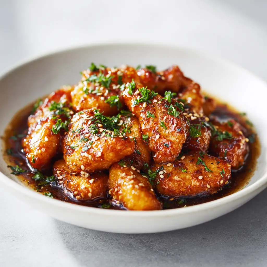 Honey Butter Chicken Bites: Crispy, Sweet & Savory 1 A bowl of honey butter chicken bites being drizzled with extra honey sauce, ready to be served with a side of steamed rice.