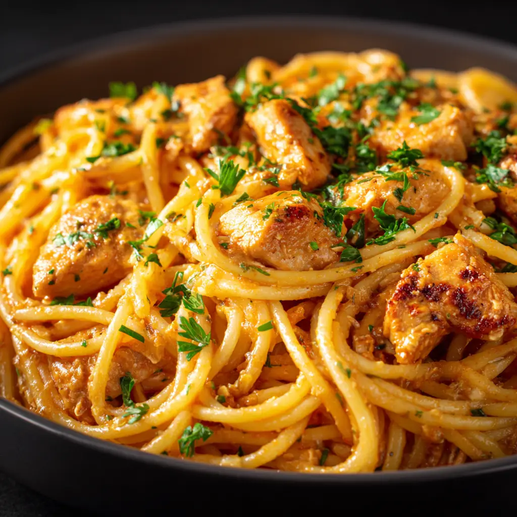 A spoonful of Monterey Chicken Spaghetti being lifted from the skillet, demonstrating the cheesy and creamy consistency of the dish.