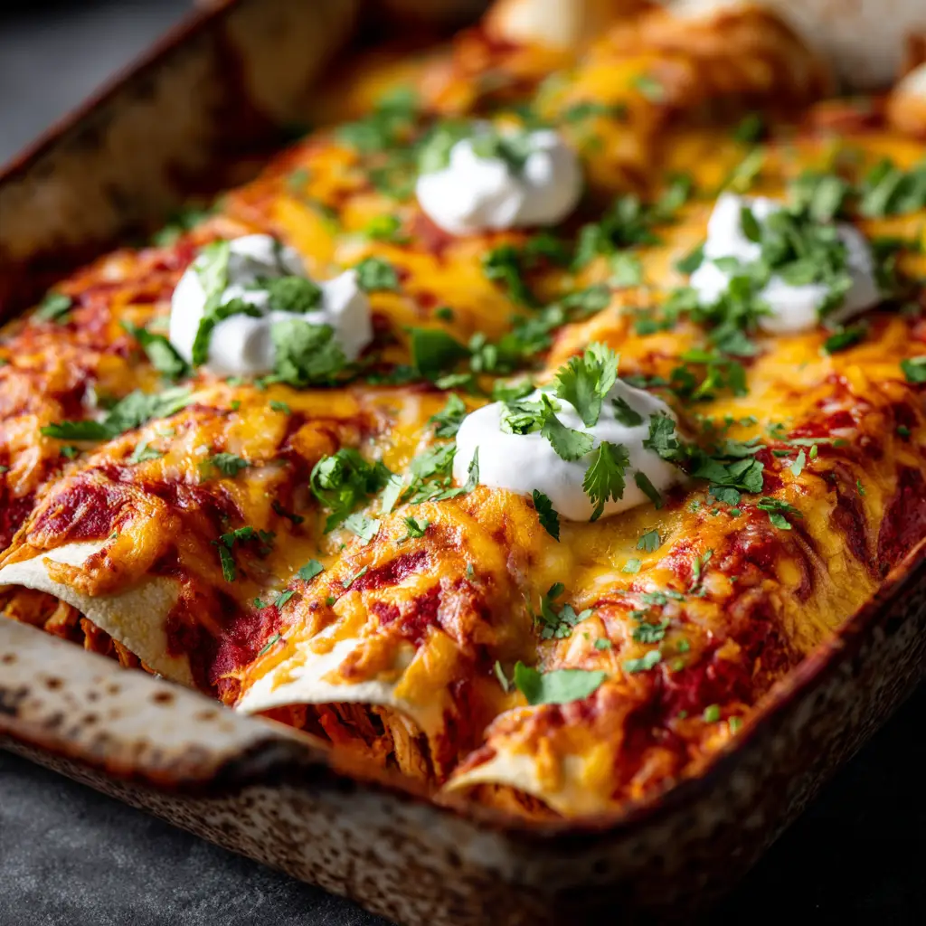 A single serving of a macro-friendly chicken enchilada on a white plate, showing the creamy filling and savory red sauce.