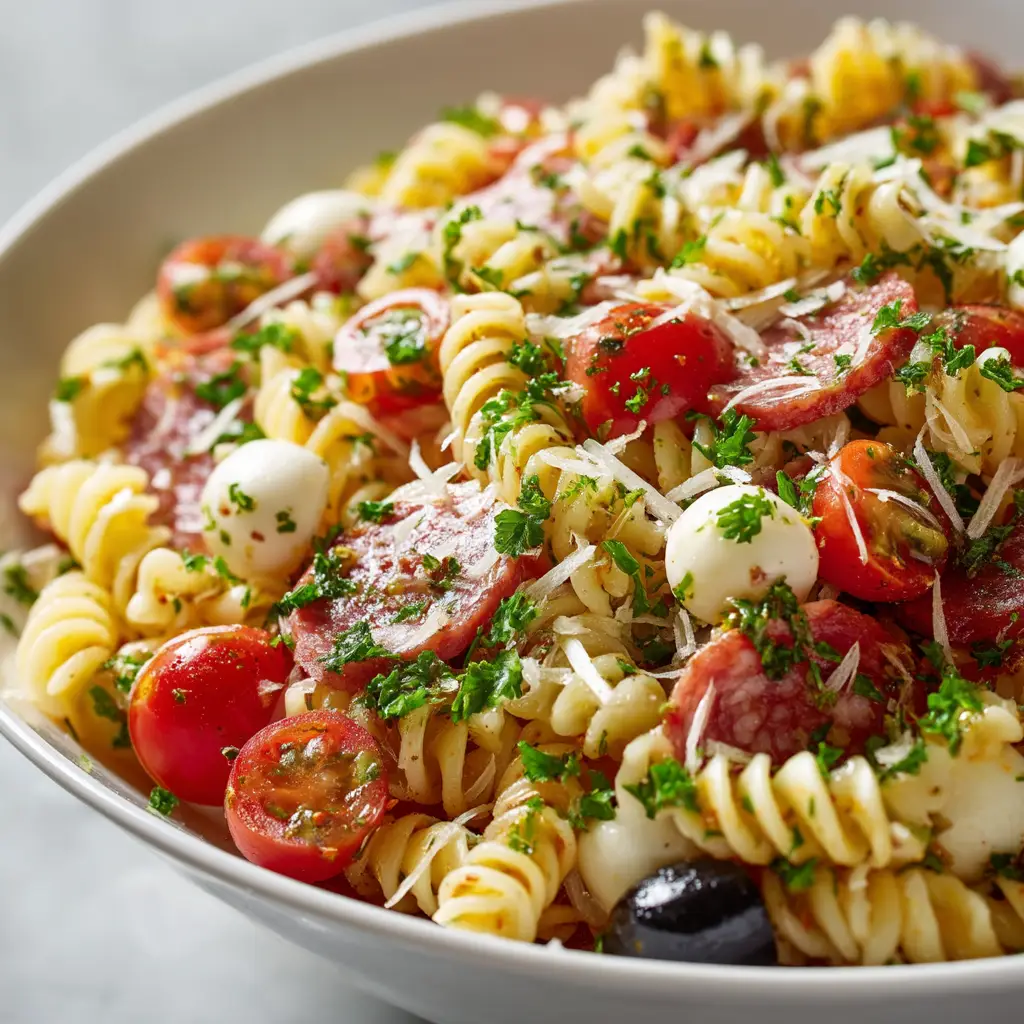 A serving of the best Italian pasta salad on a plate, showcasing its vibrant colors and delicious combination of ingredients.