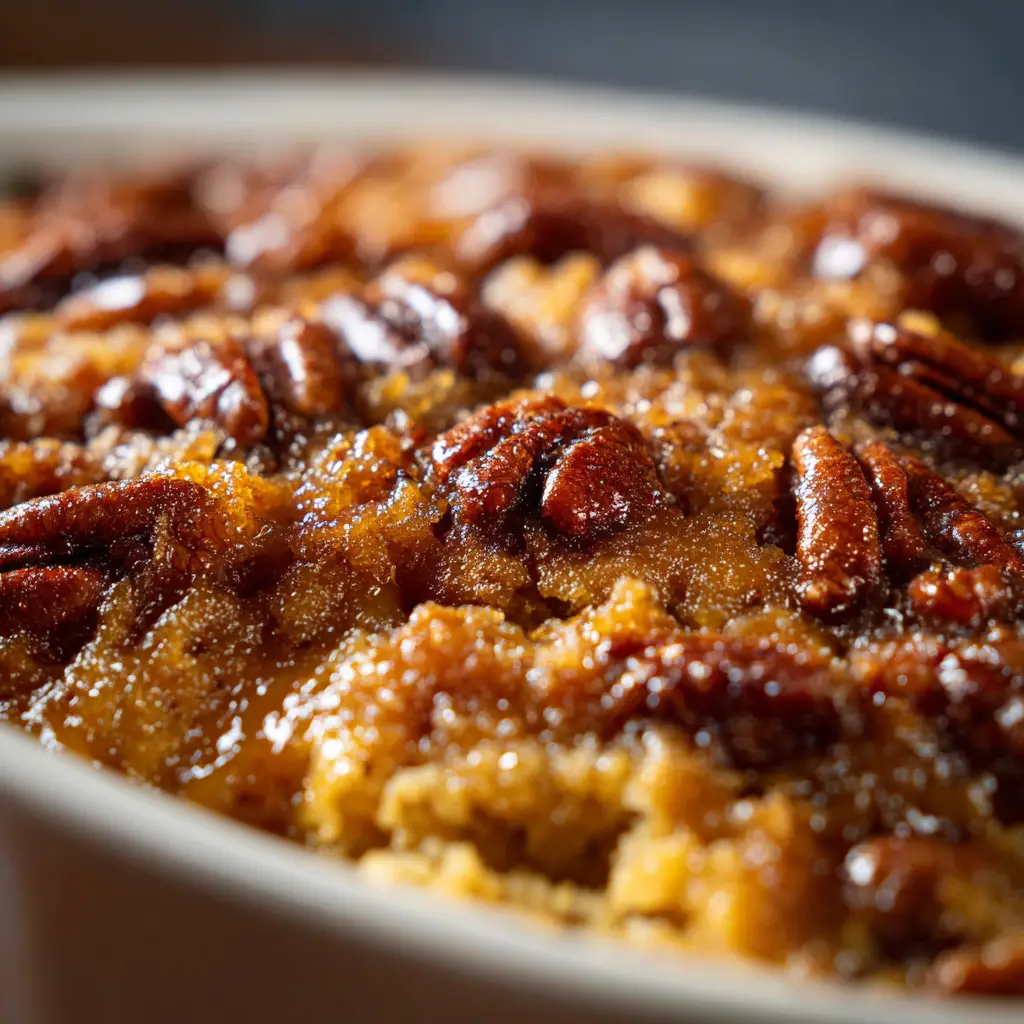 A spoonful of Pecan Pie Dump Cake being lifted from the dish, with the rich pecan filling stretching below the crumbly cake topping.