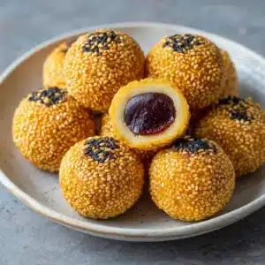 A top-down view of golden sesame balls filled with sweet adzuki bean paste, a popular use for homemade anko.