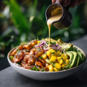 An overhead action shot of cilantro-lime dressing being drizzled over a fresh shrimp and avocado salad bowl.