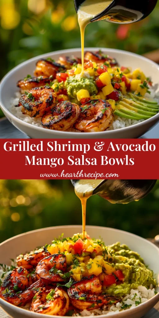 A vibrant and healthy Shrimp and Avocado Bowl topped with a creamy chili-lime dressing, cherry tomatoes, and red onion.