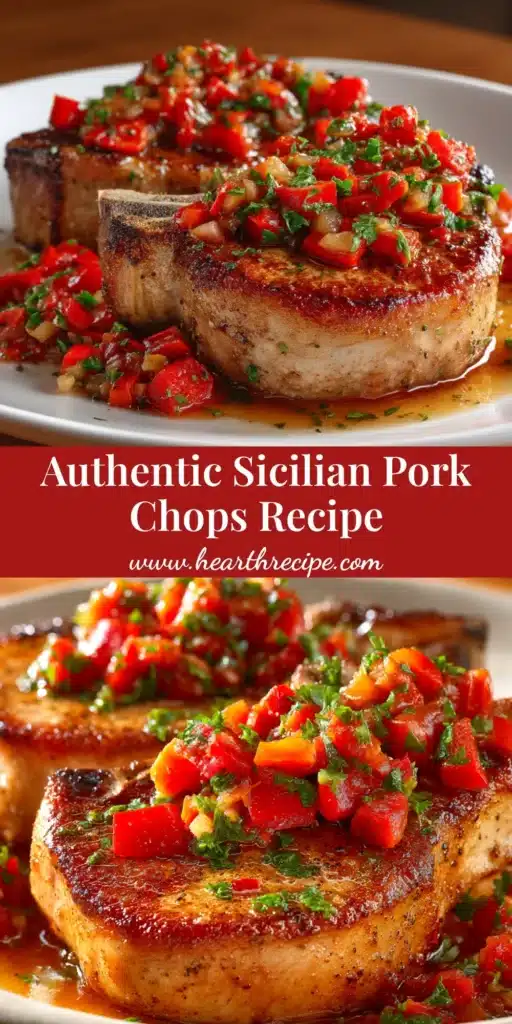 Sicilian Pork Chops: The Ultimate Recipe for Juicy, Flavorful Results 3 A platter of delicious Sicilian Pork Chops, smothered in a vibrant sauce of red and yellow peppers and onions. The perfect easy Italian-inspired dinner recipe.