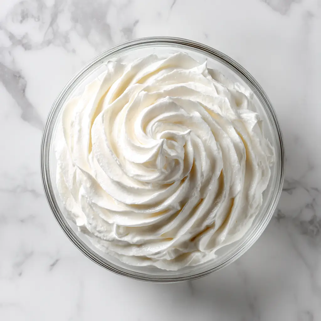 A top-down shot of a clear glass bowl filled with fluffy, white, silky smooth buttercream frosting.