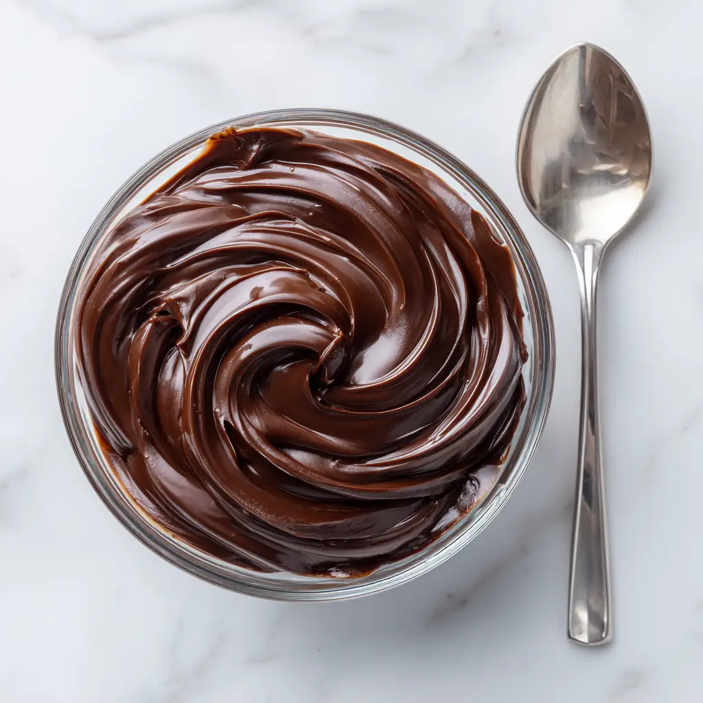 A bowl of silky chocolate ganache filling, whipped to a light and fluffy texture, ready for a layer cake.