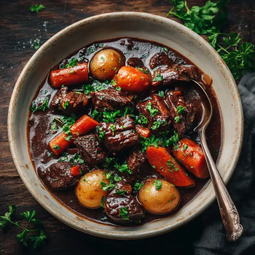 The simmering process of Boeuf Bourguignon in a large Dutch oven, showing the beef and vegetables in the deep red wine broth before being slow-cooked.