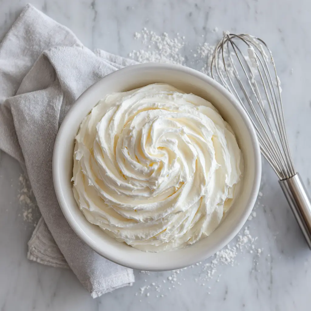 Another angle of the finished simple vanilla frosting in a bowl, showing its light and airy texture ready for use.