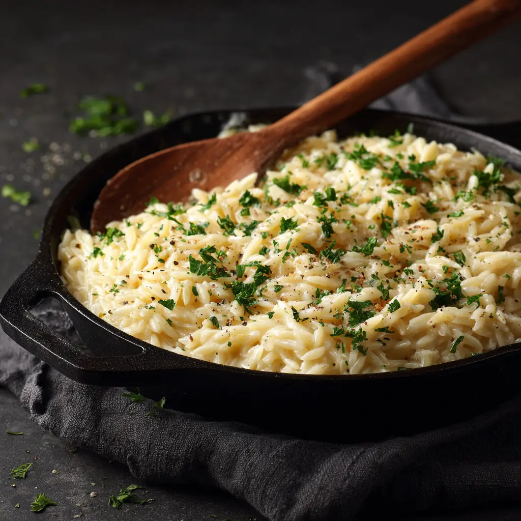 A skillet filled with freshly made creamy garlic parmesan orzo, with steam rising from the dish. A wooden spoon is resting in the skillet, ready to serve this easy side dish.