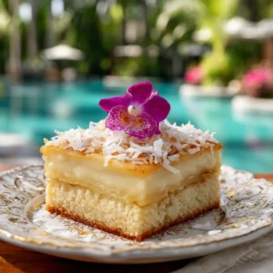 A close-up shot of a perfect slice of Brazilian Coconut Custard Cake, showing the distinct creamy custard topping and the moist coconut cake base.