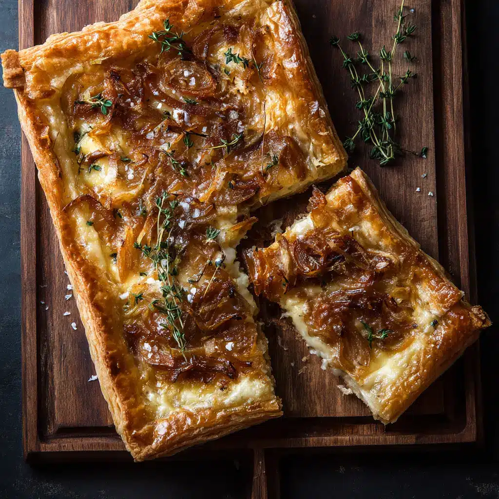A slice of the puff pastry onion tart on a plate, ready to be served. The flaky layers of the crust are visible next to the rich filling.