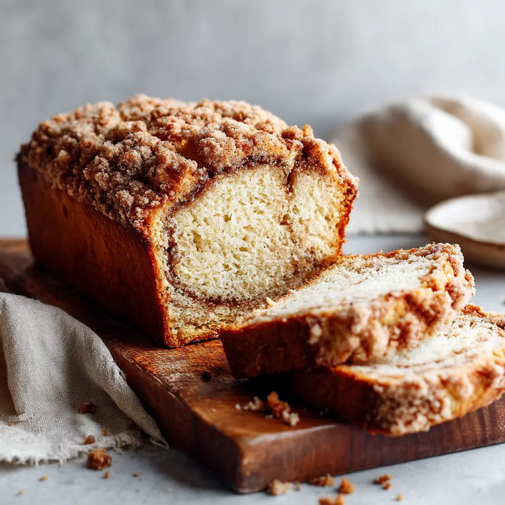 A slice of cinnamon streusel bread on a plate, showcasing the soft texture and defined cinnamon swirl within.
